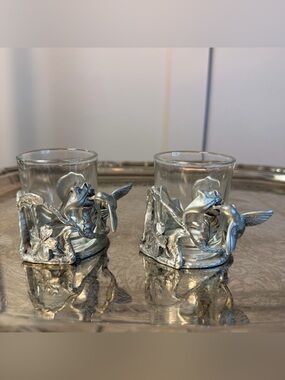 PAIR of 1992 Seagull CANADA Pewter and Glass Votive Tea Light Candle Holder